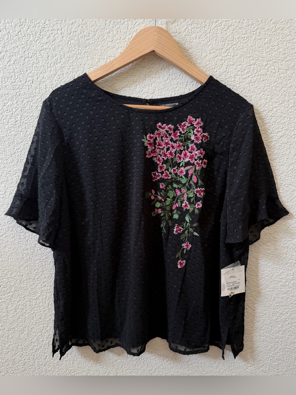 Liz Claiborne Career XL Petite Floral Embroidered Swiss dot Blouse Lined